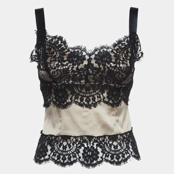 Pre Owned Dolce & Gabbana Beige Silk Blend Lace Trim Camisole Top S