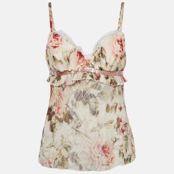 Pre Owned Dolce & Gabbana Multicolor Floral Print Lace Trim Silk Camisole Top M