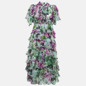مملوكة مسبقًا Dolce & Gabbana Green/Purple Floral Print Silk Ruffled Midi Dress XS