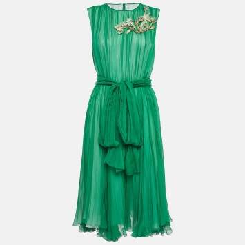 Pre Owned Dolce & Gabbana Green Embellished Silk Blend Short Dress L