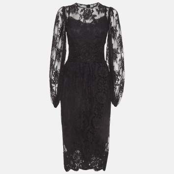 Pre Owned Dolce & Gabbana Black Floral Patterned Lace Midi Dress S
