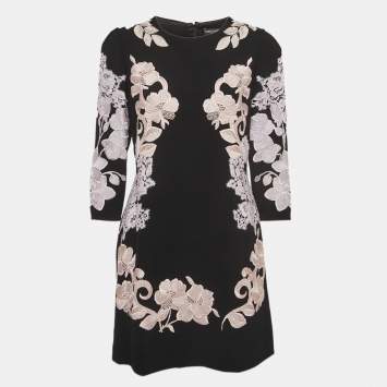 Pre Owned Dolce & Gabbana Black Floral Embroidered Crepe Mini Dress L