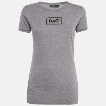 Pre Owned Dolce & Gabbana Grey Logo Embellished Cotton Knit T-Shirt S