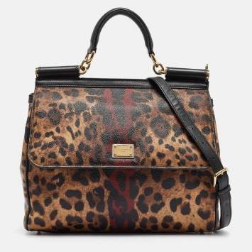 مملوكة مسبقًا Dolce & Gabbana Black/Brown Leopard Print Coated Canvas Large Miss Sicily Top Handle Bag