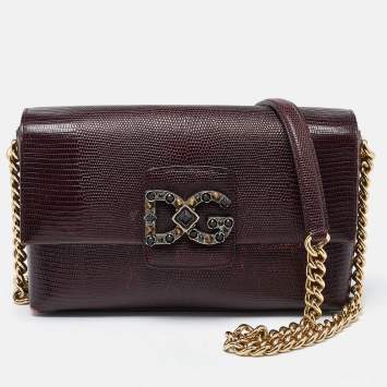 Pre Owned Dolce & Gabbana Burgundy Lizard Embossed Leather DG Millennials Shoulder Bag