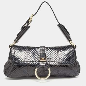 Pre Owned Dolce & Gabbana Black Python and Eel Leather Ring Flap Shoulder Bag