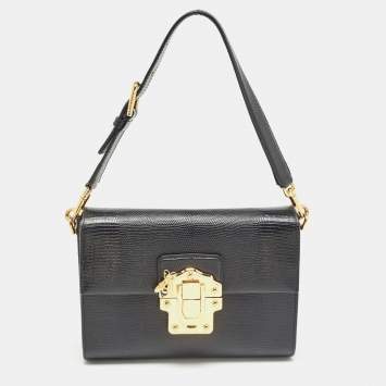 Pre Owned Dolce & Gabbana Black Lizard Embossed Leather Medium Lucia Shoulder Bag