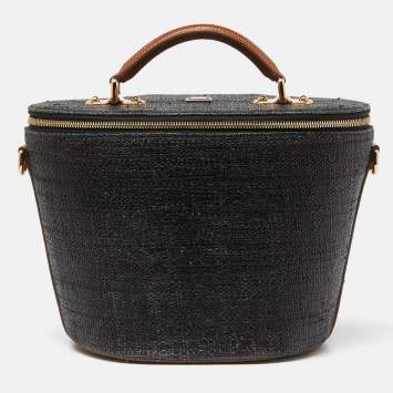 Pre Owned Dolce & Gabbana Grey/Brown Raffia and Lizard Embossed Leather Bucket Bag