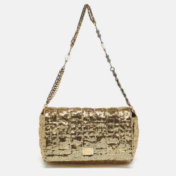 Pre Owned Dolce & Gabbana Gold Quilted Sequins Miss Charles Shoulder Bag