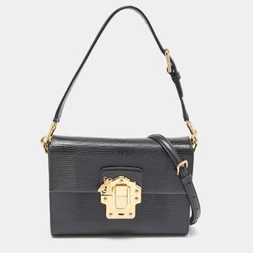 Pre Owned Dolce & Gabbana Black Lizard Embossed Leather Medium Lucia Shoulder Bag