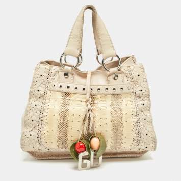 Pre Owned Dolce & Gabbana Cream/Beige Whipstitch Leather and Watersnake DG Charm Tote