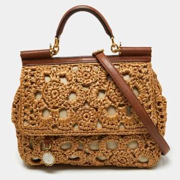 مملوكة مسبقًا Dolce & Gabbana Beige/Brown Crochet Raffia and Leather Large Miss Sicily Top Handle Bag 