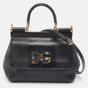 Pre Owned Dolce & Gabbana Black Lizard Embossed Leather Small Crystals DG Miss Sicily Bag