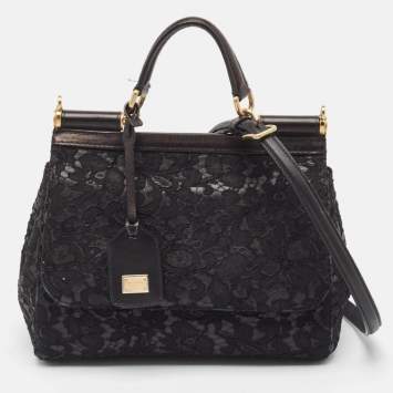 Pre Owned Dolce & Gabbana Black Leather and Lace Medium Miss Sicily Top Handle Bag