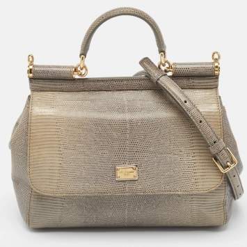 Pre Owned Dolce & Gabbana Grey Lizard Embossed Leather Medium Miss Sicily Top Handle Bag