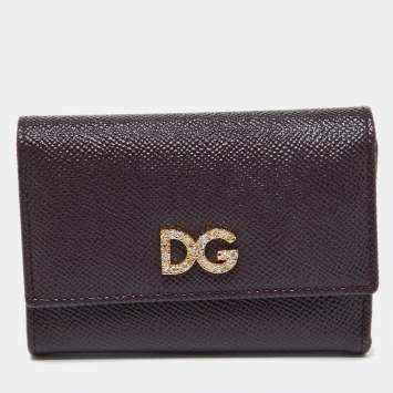 Pre Owned Dolce & Gabbana Burgundy Leather DG Crystals Trifold Wallet