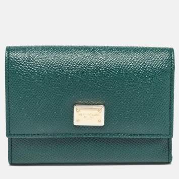 Pre Owned Dolce & Gabbana Green Leather Logo Plaque Trifold Wallet