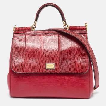 Pre Owned Dolce & Gabbana Red Watersnake and Leather Large Miss Sicily Top Handle Bag