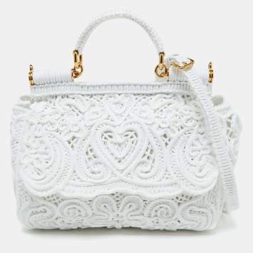 Pre Owned Dolce & Gabbana White Fabric Cordonetto Lace Medium Sicily Cordonetto Top Handle Bag