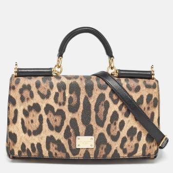 Pre Owned Dolce & Gabbana Black/Brown Leopard Print Coated Canvas Miss Sicily Top Handle Bag