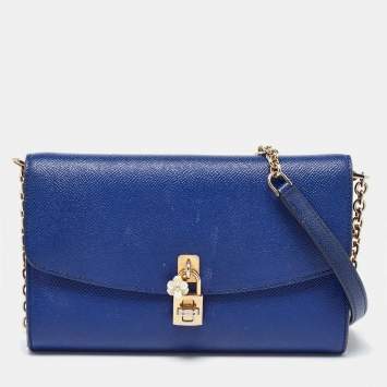 Pre Owned Dolce & Gabbana Blue Leather Padlock Chain Shoulder Bag
