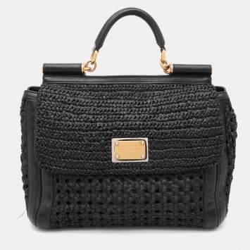 Pre Owned Dolce & Gabbana Black Leather and Raffia Miss Sicily Top Handle Bag