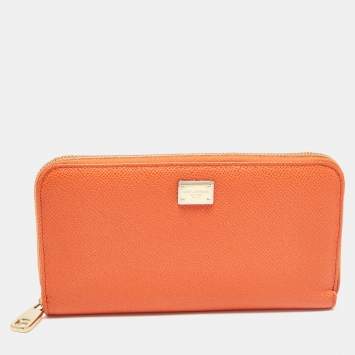 Pre Owned Dolce & Gabbana Orange Leather Zip Around Wallet
