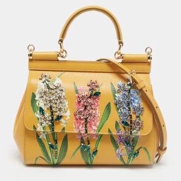 Pre Owned Dolce & Gabbana Mustard Floral Print Leather Small Crystals Sicily Top Handle Bag