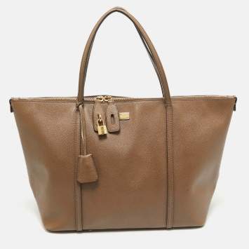 Pre Owned Dolce & Gabbana Dark Beige Leather Miss Escape Zip Tote