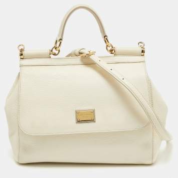 Pre Owned Dolce & Gabbana Off White Leather Medium Miss Sicily Top Handle Bag