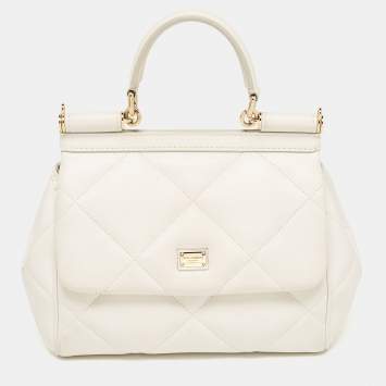 Pre Owned Dolce & Gabbana White Quilted Leather Small Miss Sicily Top Handle Bag