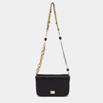 Pre Owned Dolce & Gabbana Black Satin Flap Chain Shoulder Bag