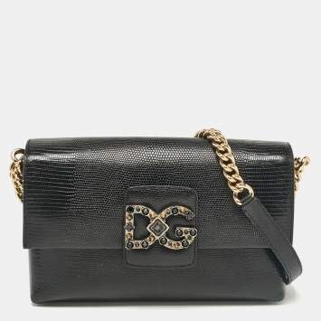 Pre Owned Dolce & Gabbana Black Lizard Embossed Leather DG Millennials Shoulder Bag