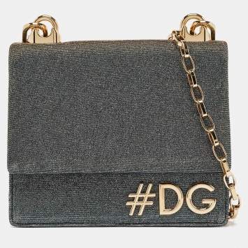 Pre Owned Dolce & Gabbana Blue/Gold Lurex Fabric DG Girls Flap Shoulder Bag
