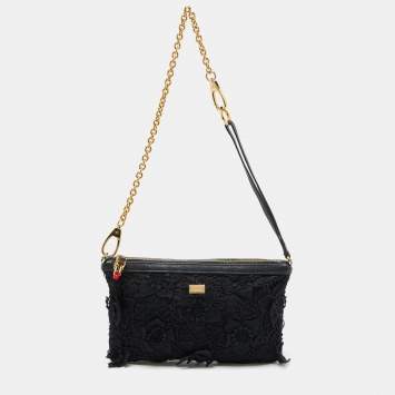 Pre Owned Dolce & Gabbana Black Lace and Leather Shoulder Bag