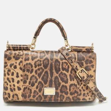Pre Owned Dolce & Gabbana Brown Leopard Print Lizard Leather Top Handle Bag