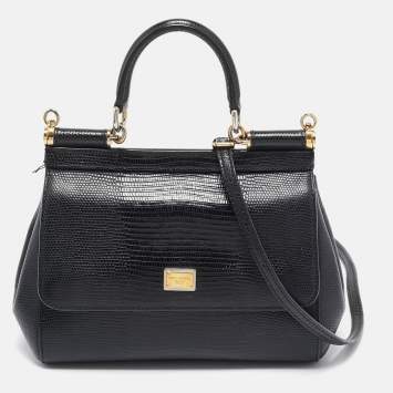 Pre Owned Dolce & Gabbana Black Lizard Embossed Leather Small Miss Sicily Top Handle Bag
