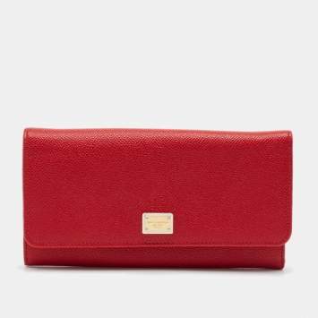 Pre Owned Dolce & Gabbana Red Leather Flap Continental Wallet
