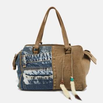 Pre Owned Dolce & Gabbana Blue/Beige Denim and Suede Satchel