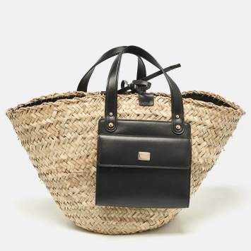 Pre Owned Dolce & Gabbana Natural/Black Raffia Kendra Basket Tote