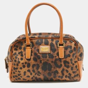 Pre Owned Dolce & Gabbana Brown/Black Leopard Coated Canvas and Leather Logo Satchel