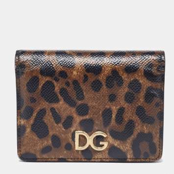 Pre Owned Dolce & Gabbana Brown Leopard Print Leather DG Logo Compact Wallet