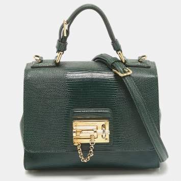 Pre Owned Dolce & Gabbana Green Lizard Embossed Leather Small Miss Monica Top Handle Bag