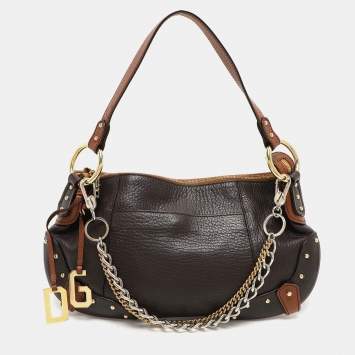 Pre Owned Dolce & Gabbana Brown Leather Multi Chain Shoulder Bag