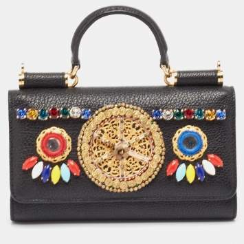 Pre Owned Dolce & Gabbana Black Leather Miss Sicily Von Embellished Wallet On Chain