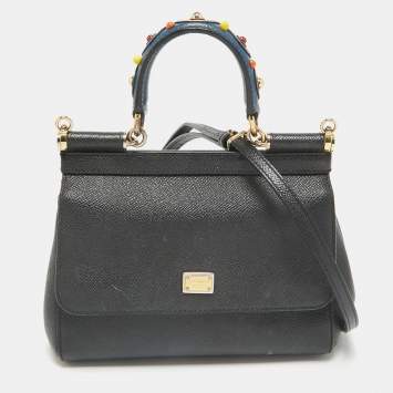 Pre Owned Dolce & Gabbana Black Leather Small Studded Miss Sicily Top Handle Bag