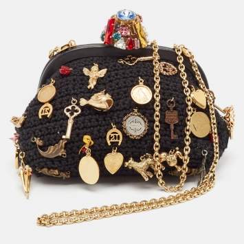 Pre Owned Dolce & Gabbana Black Crochet Embellished Frame Chain Bag