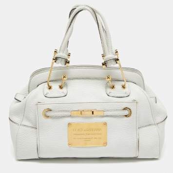 Pre Owned Dolce & Gabbana White Leather Logo Frame Satchel