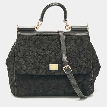 Pre Owned Dolce & Gabbana Black Lace Fabric Large Miss Sicily Top Handle Bag