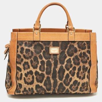 Pre Owned Dolce & Gabbana Brown/Black Leopard Print Coated Canvas and Leather Zip Satchel